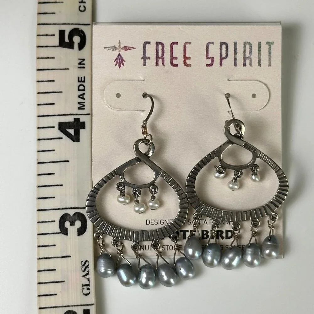 Signed Peyote Bird Boho Chandelier Earrings Oxidized Silver Pearl Drops NWT - Picture 7 of 12